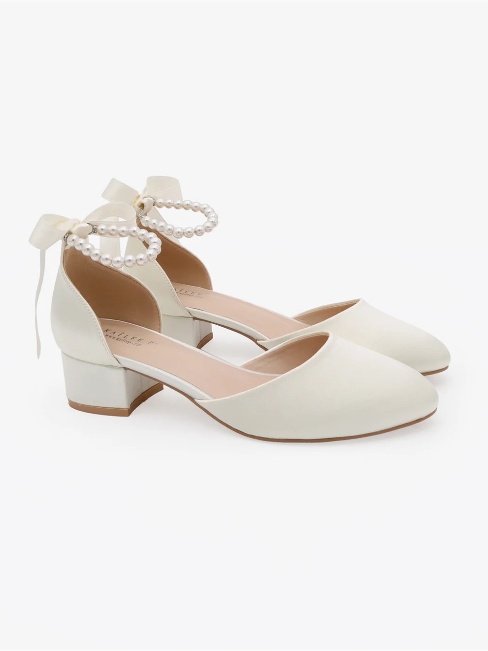 [NEW] Kailee P. Ivory Round Toe Satin Low Block Heel with All Pearls Ankle
Strap
